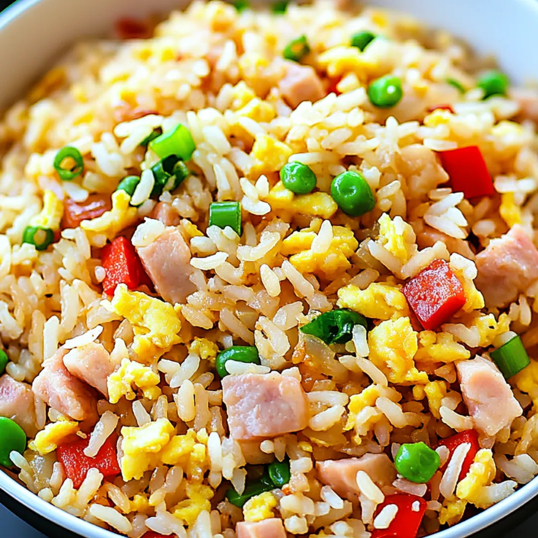 A bowl of rice with peas and ham.