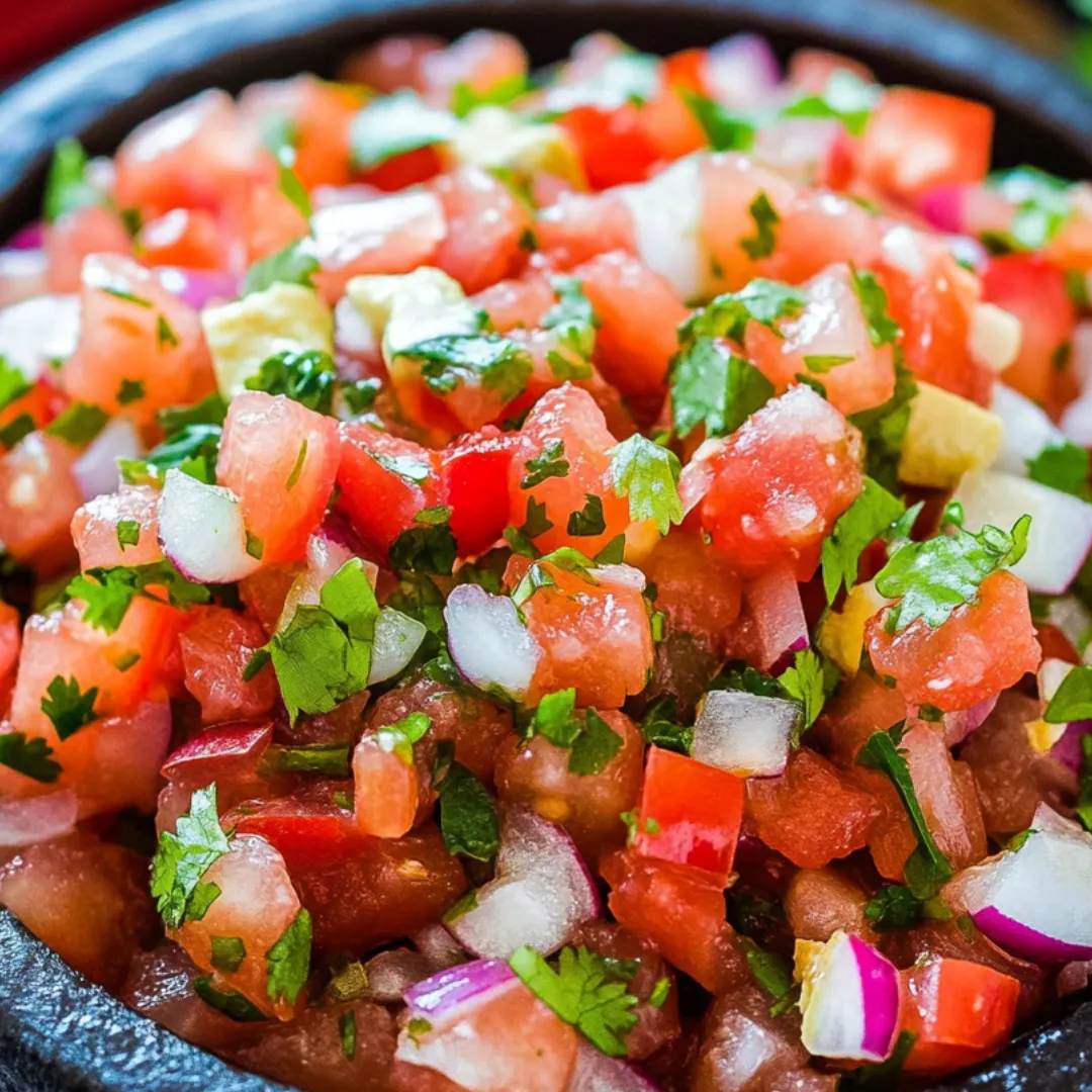 A bowl of salsa with tomatoes, onions, and cilantro.