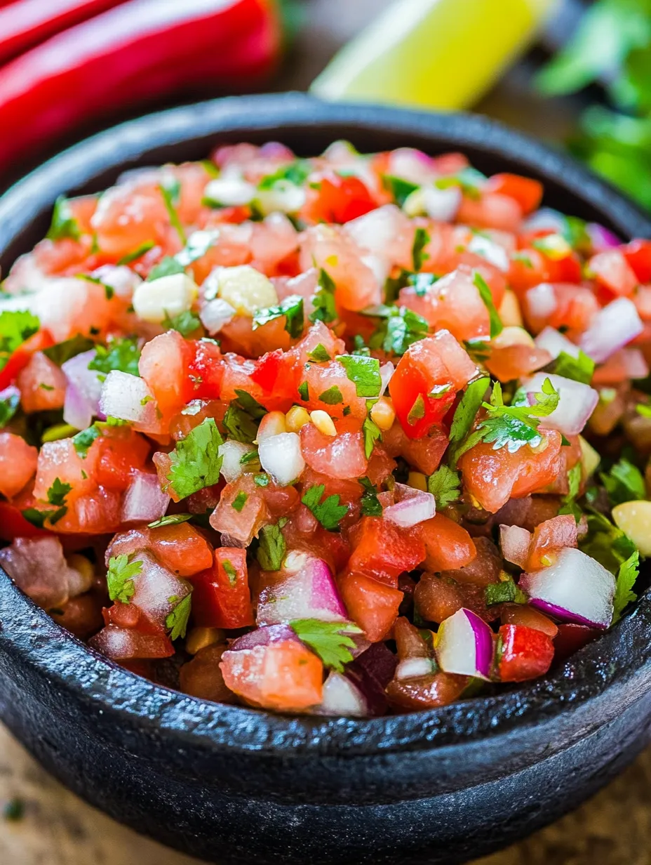 A bowl of salsa with tomatoes, onions, and peppers.