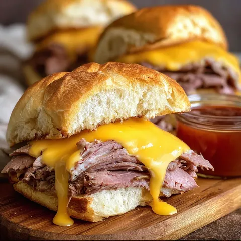 A sandwich with cheese and meat on a wooden cutting board.