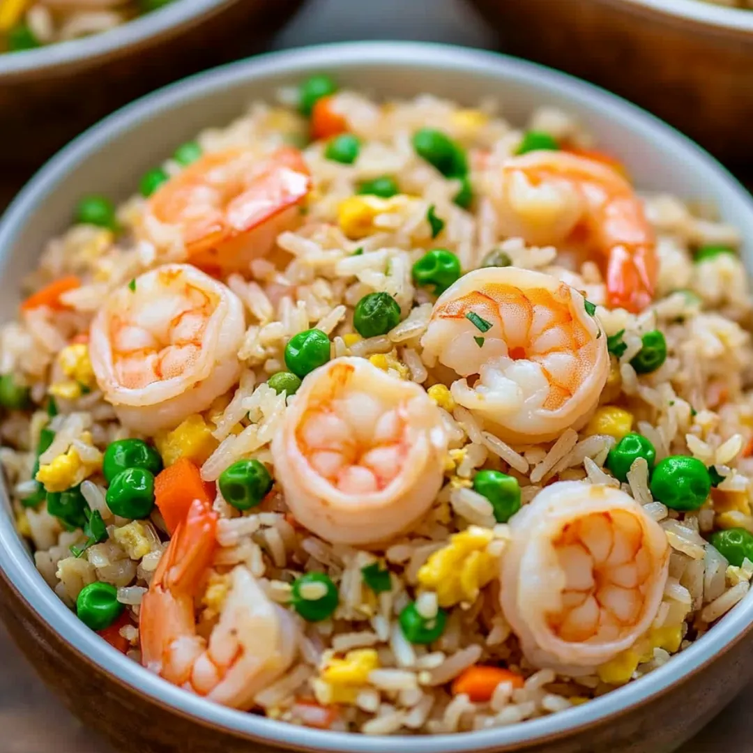 A bowl of rice with shrimp and peas.