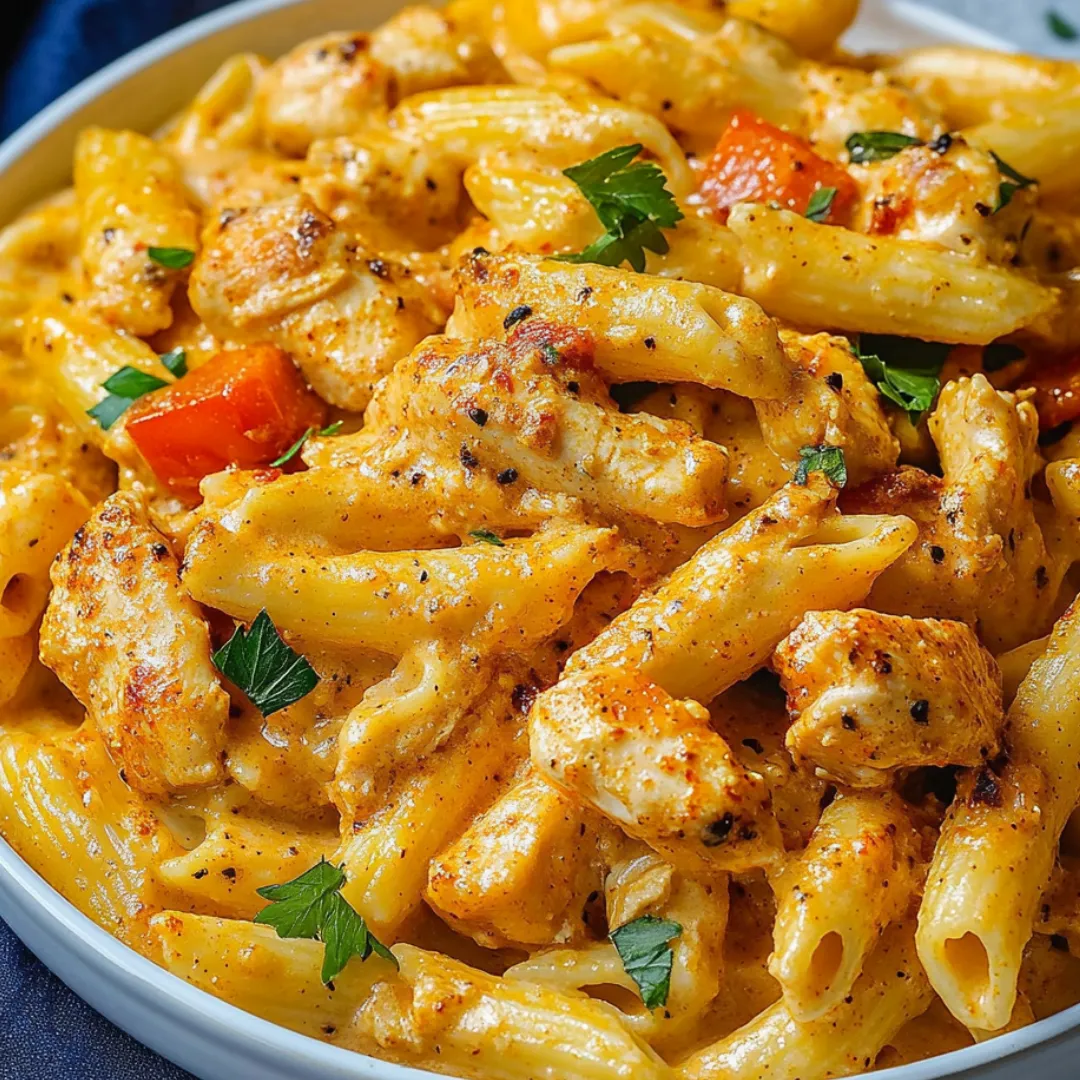 A bowl of pasta with chicken and vegetables.