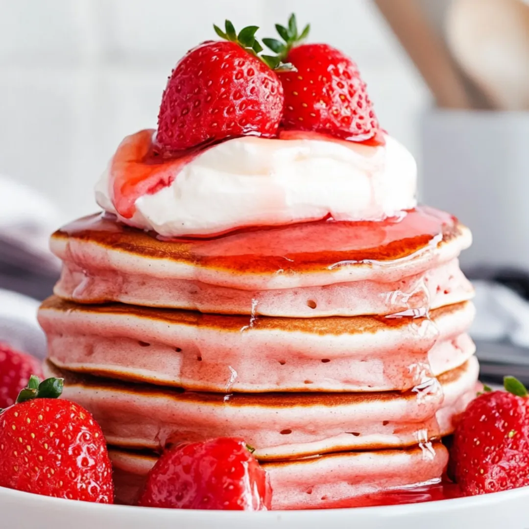 A stack of pancakes with strawberries on top.