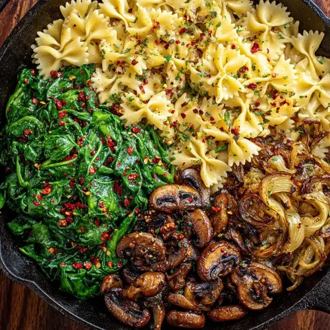 A pan of food with pasta, mushrooms, and spinach.