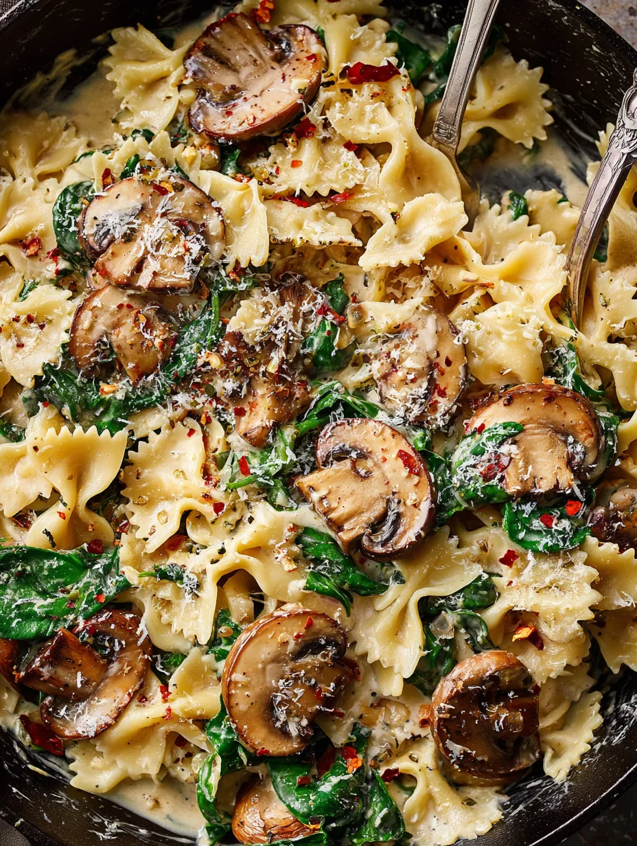 A bowl of pasta with mushrooms and spinach.