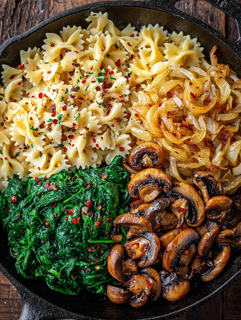 A bowl of food with mushrooms, onions, and pasta.