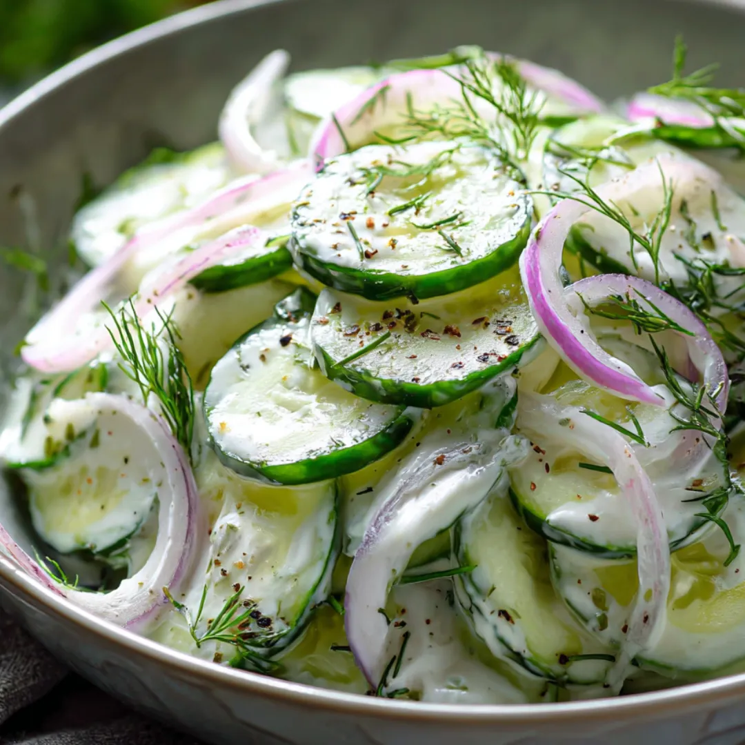 A bowl of sliced cucumbers with onions.