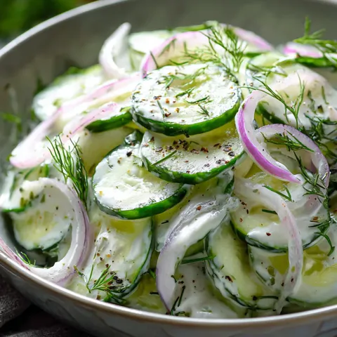 A bowl of sliced cucumbers with onions.