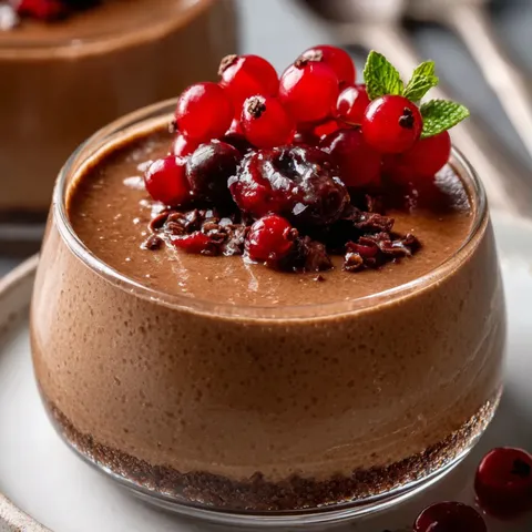 A chocolate dessert with berries on top.