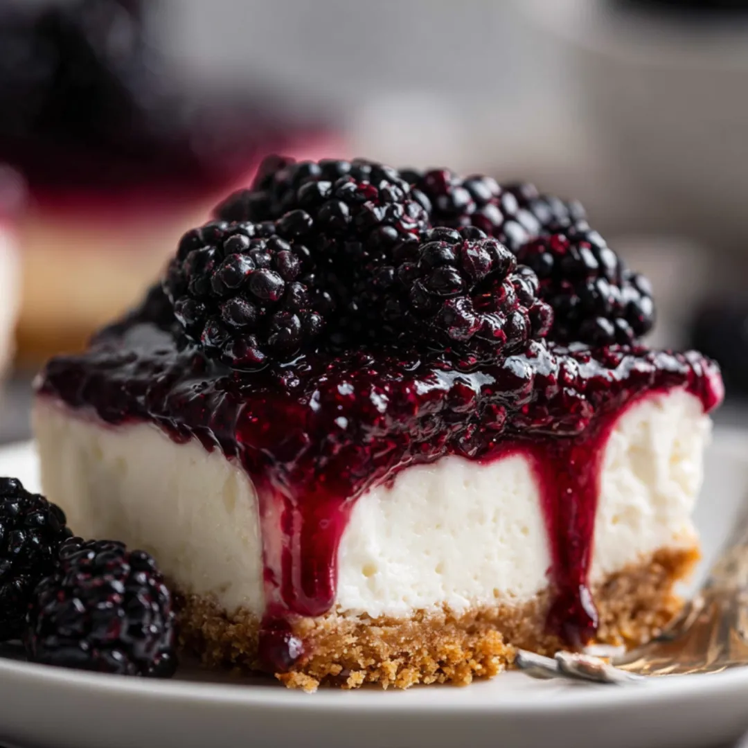 A slice of cheesecake with blackberries on top.