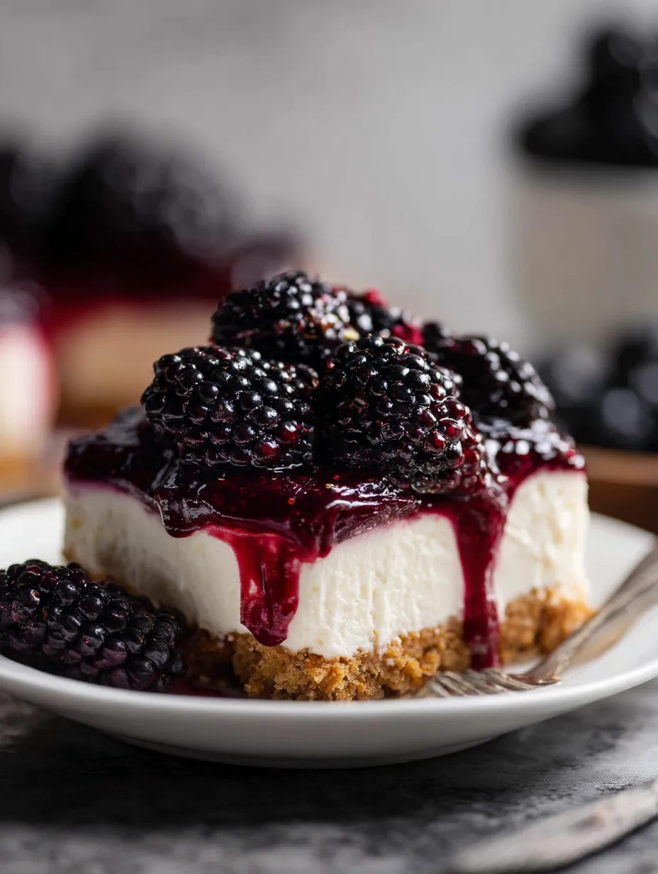 A slice of cheesecake with blackberries on top.