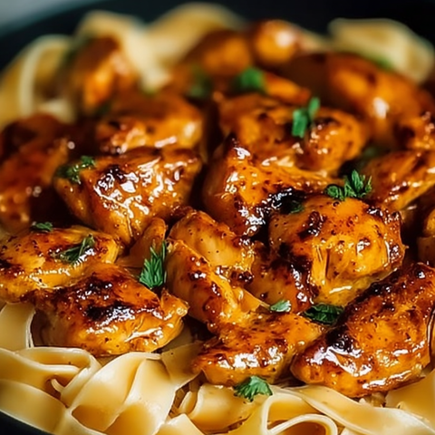 Chicken and pasta together on a plate.