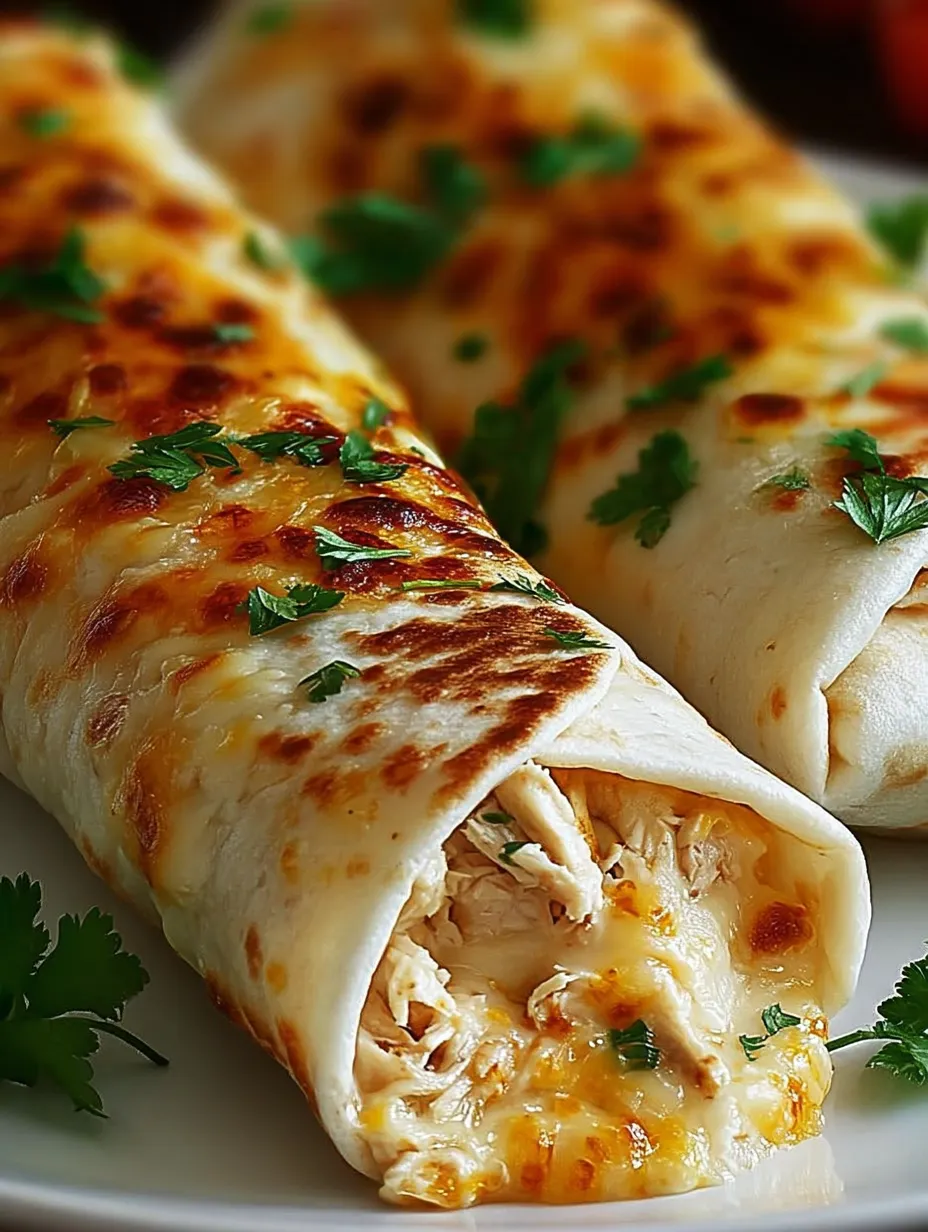 Two chicken burritos stuffed with cheese and lettuce.