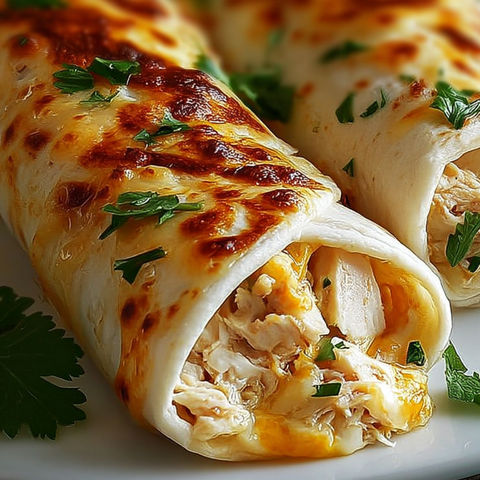 Two chicken burritos sitting on a plate.
