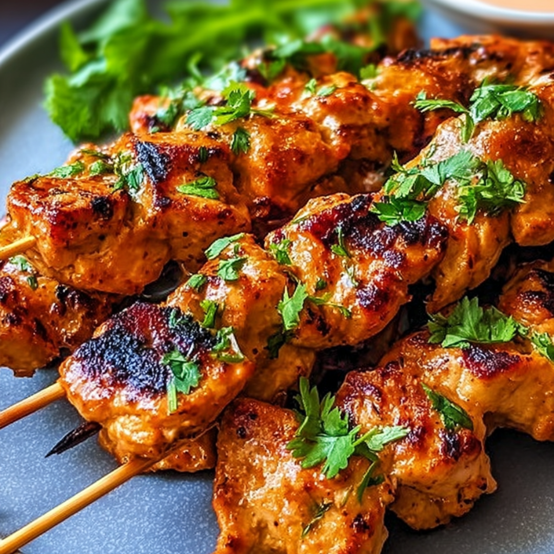 Some grilled chicken skewers served on a plate.