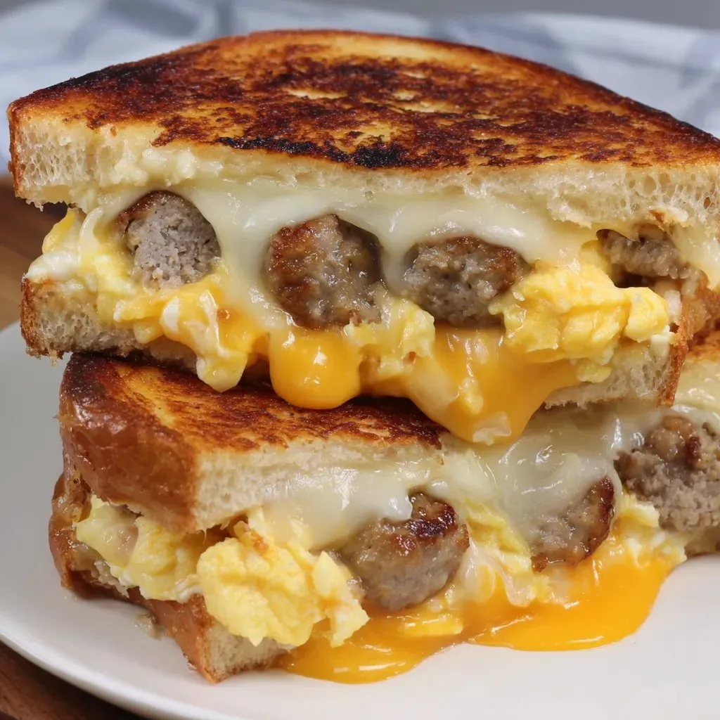 A grilled cheese sandwich with sausage and egg.