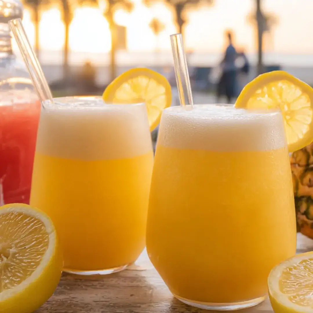 Three glasses of lemonade sitting together on a table.