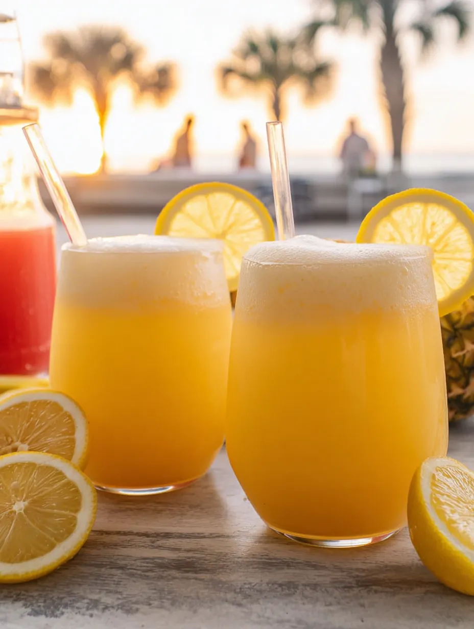Two glasses filled with lemonade on a tabletop.