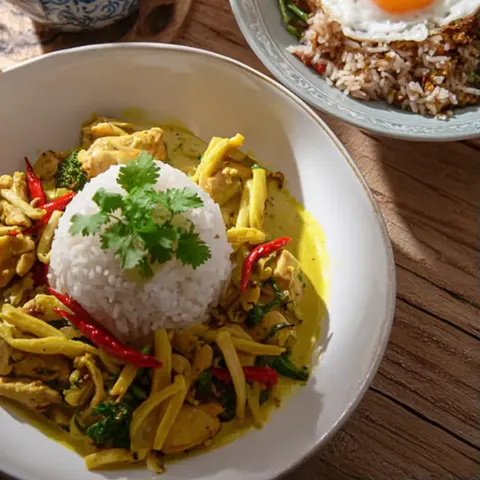 A plate with chicken and rice and some herbs.