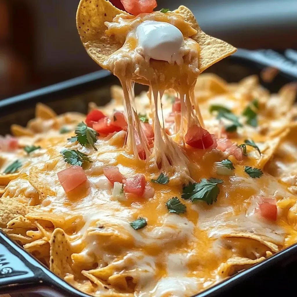 A bowl of nachos with cheese and tomatoes.