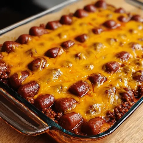 A casserole with chili and cheese in a glass dish.