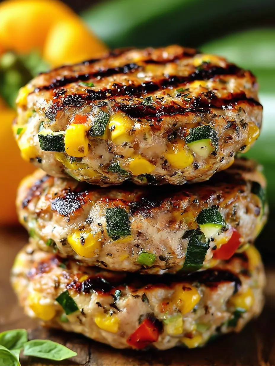A stack of hamburgers with corn and zucchini.