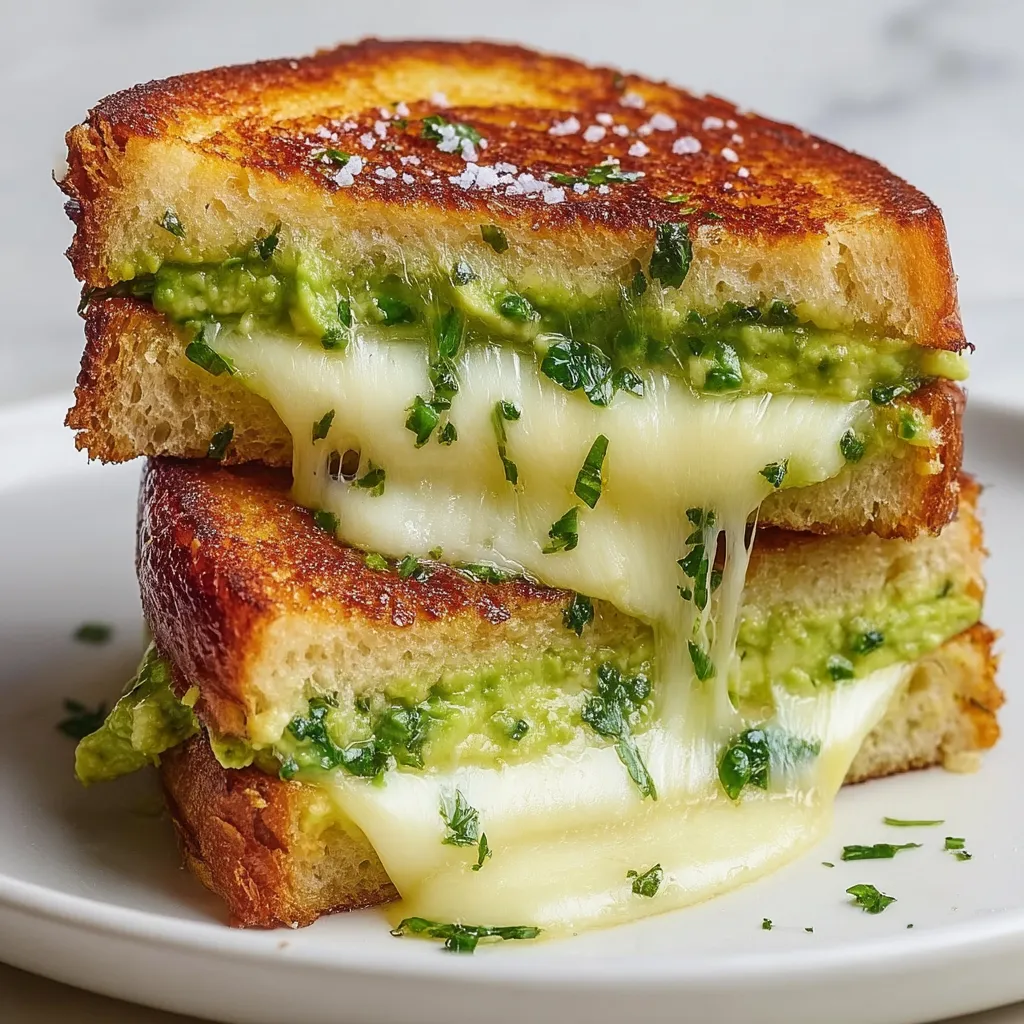 A stack of grilled cheese sandwiches with avocado.