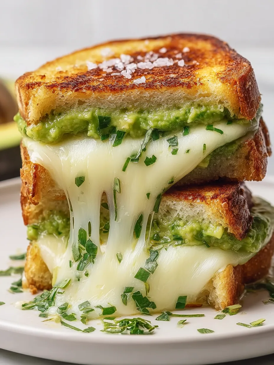 A stack of grilled cheese sandwiches with avocado.