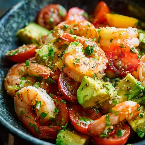 A bowl of shrimp and tomatoes.