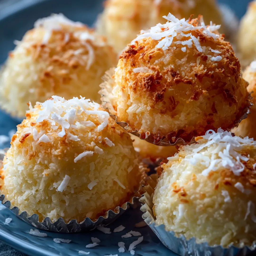 A plate of coconut covered cupcakes.