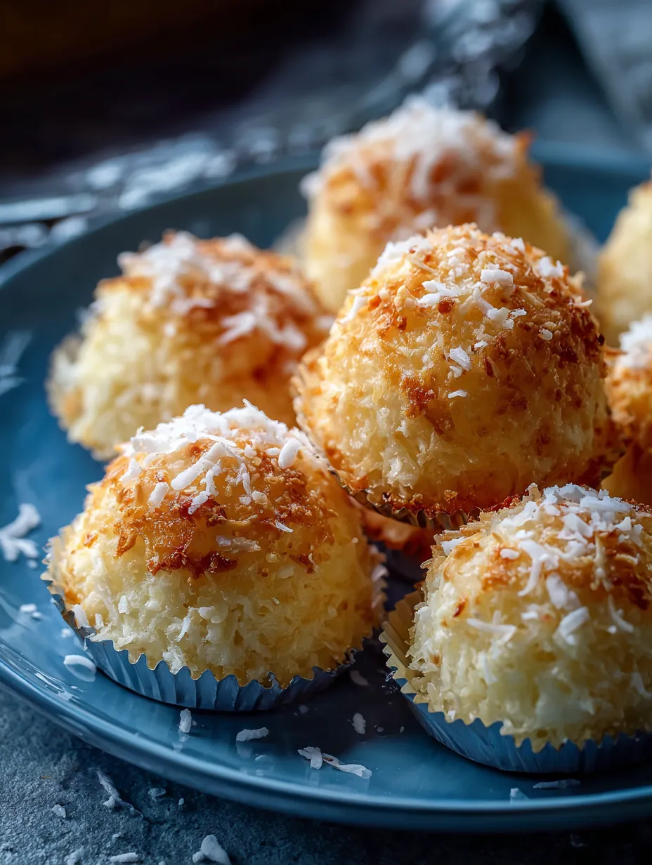 A plate of coconut covered cupcakes.