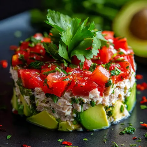 A plate of food with tomatoes, avocado, and cilantro.