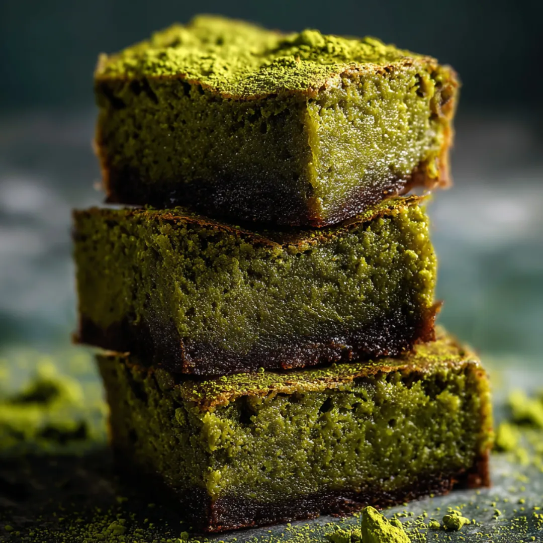 Three pieces of green cake stacked on top of each other.