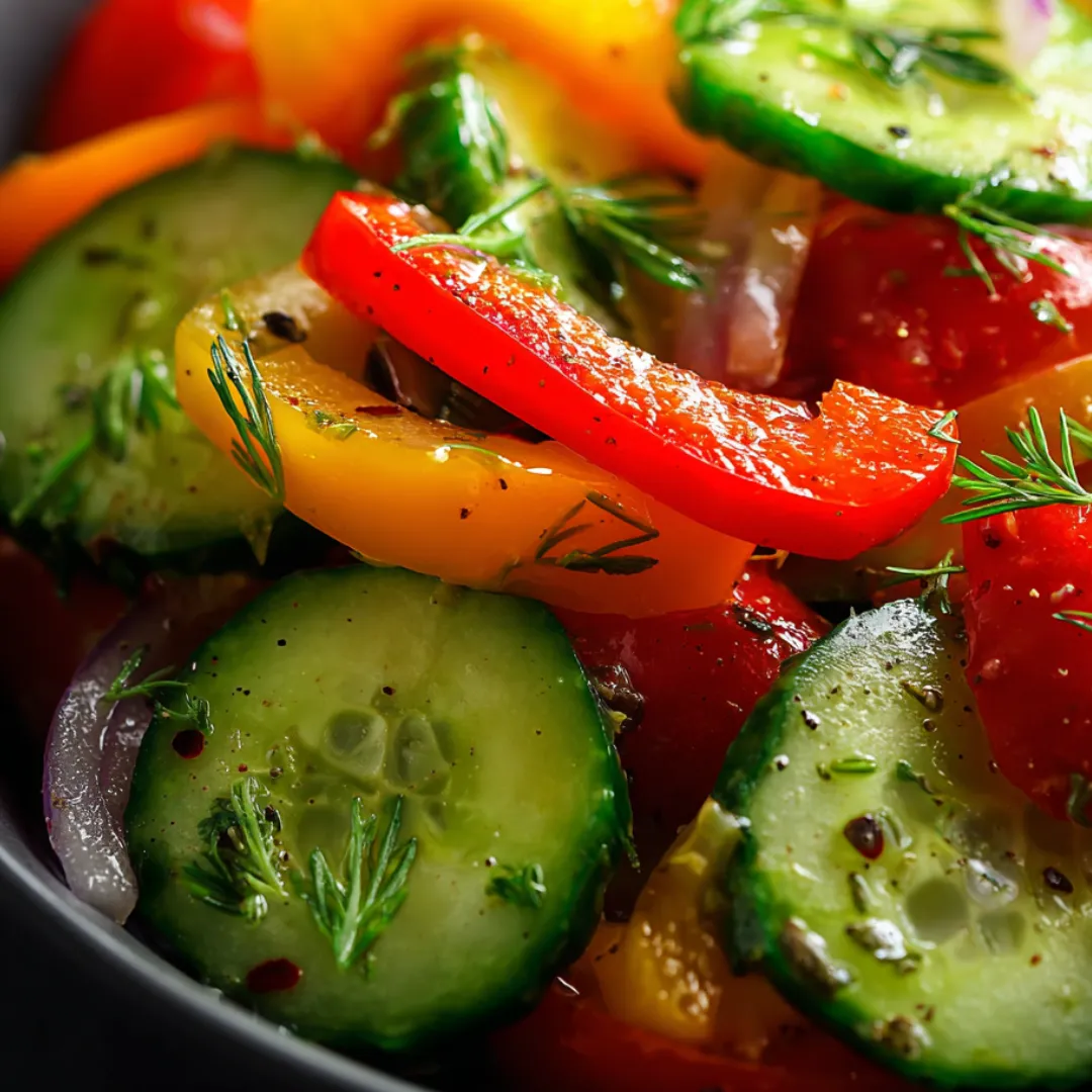 A bowl of fresh vegetables including cucumbers, tomatoes, and peppers.