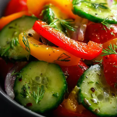 A bowl of fresh vegetables including cucumbers, tomatoes, and peppers.