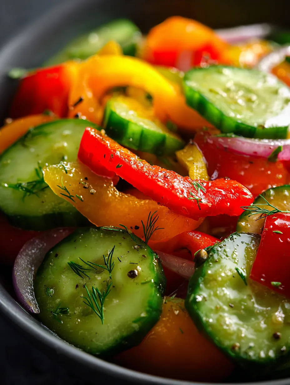 A bowl of vegetables including cucumbers, tomatoes, and peppers.