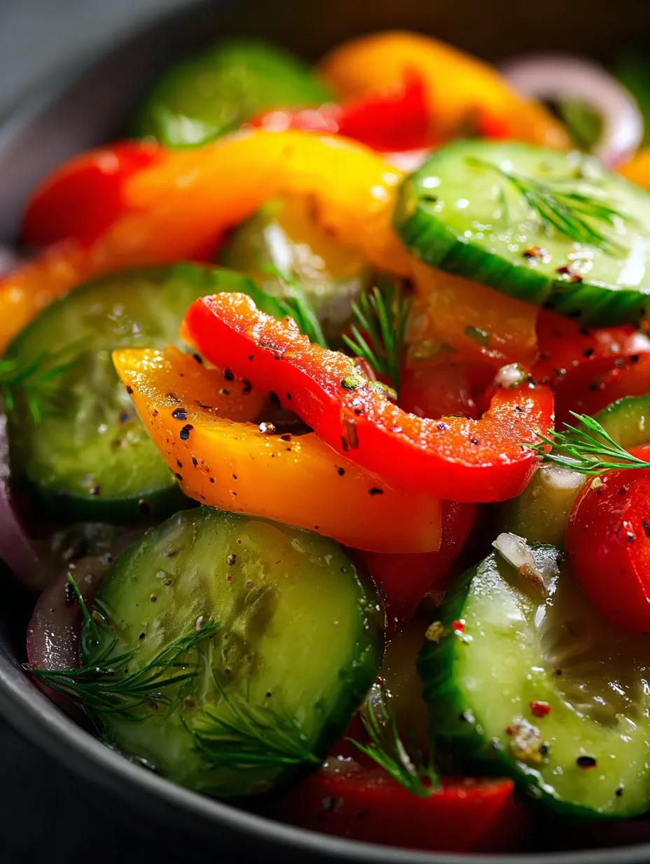 A bowl of vegetables including cucumbers, tomatoes, and peppers.