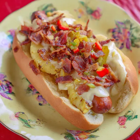 Hot dog topped with bacon and cheese served on a plate.