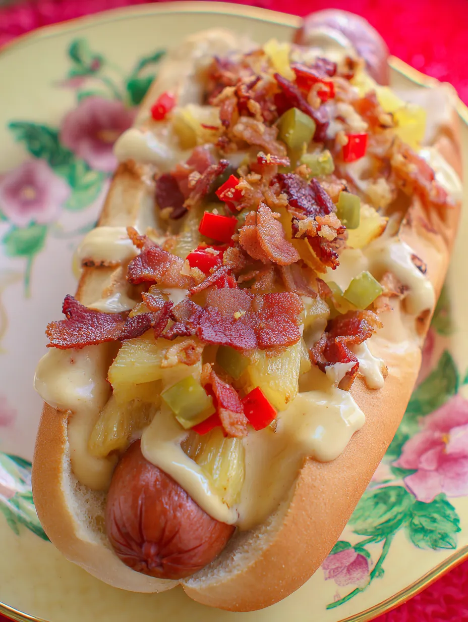 A hot dog with bacon and pineapple toppings.