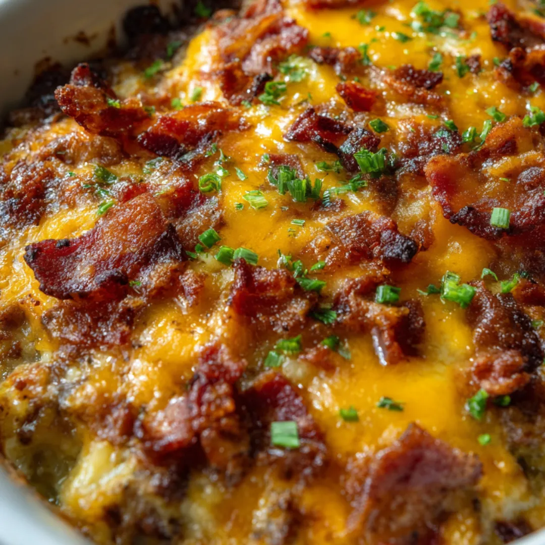 A bowl of food with bacon and cheese.