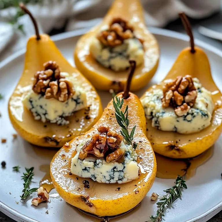 Sliced pears with walnuts and blue cheese.