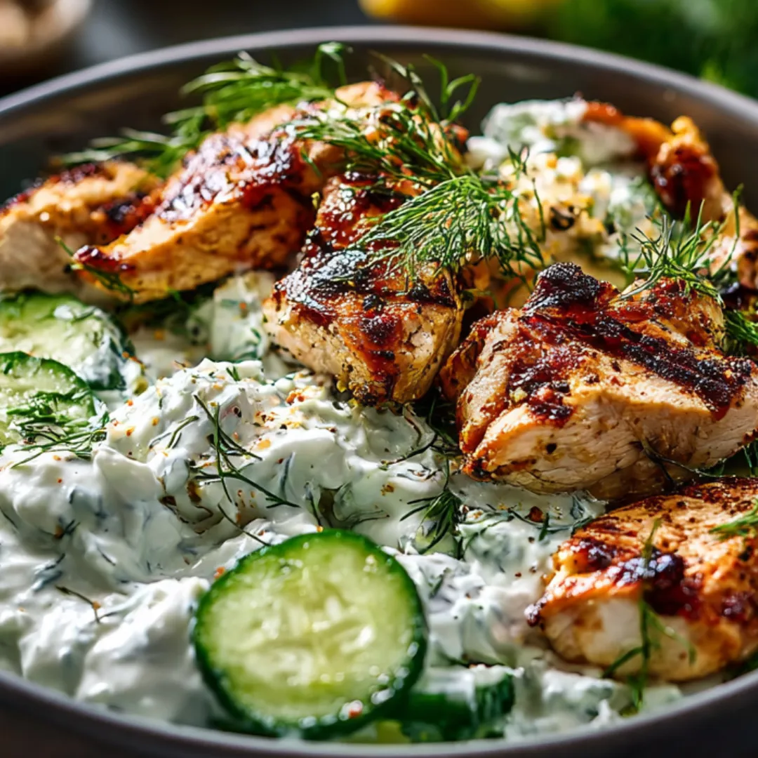 A plate of food with chicken, cucumbers, and sauce.