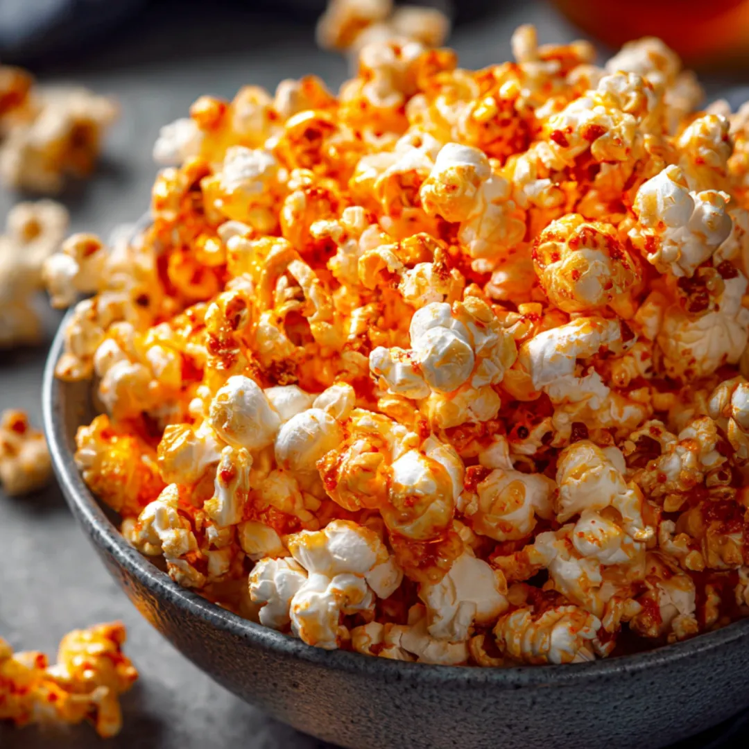 A bowl of popcorn with a spoon in it.