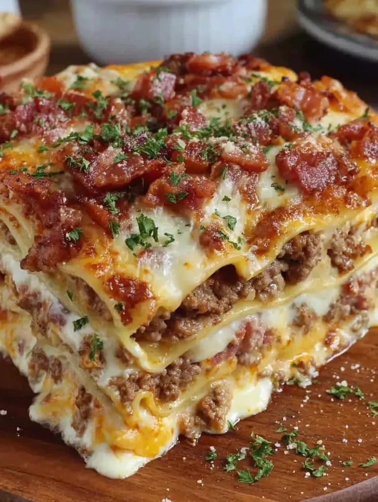 A stack of lasagna with cheese and bacon.