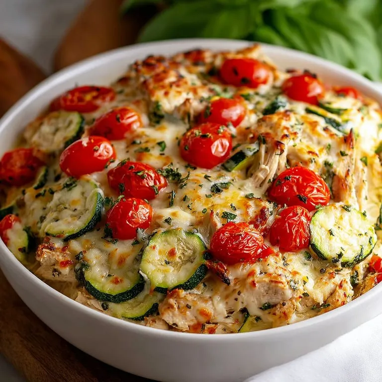 A bowl of food with tomatoes and zucchini.