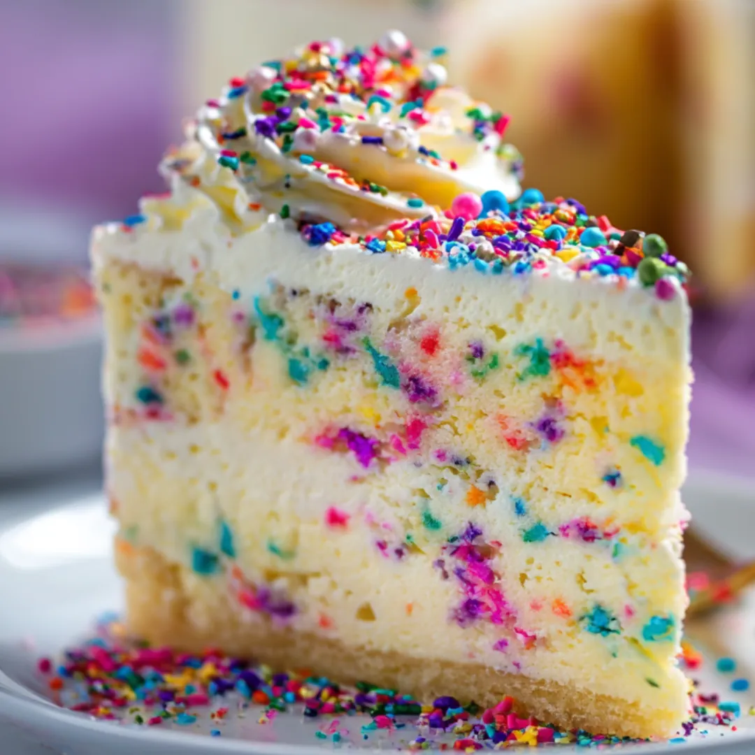 A slice of cake with sprinkles on a plate.