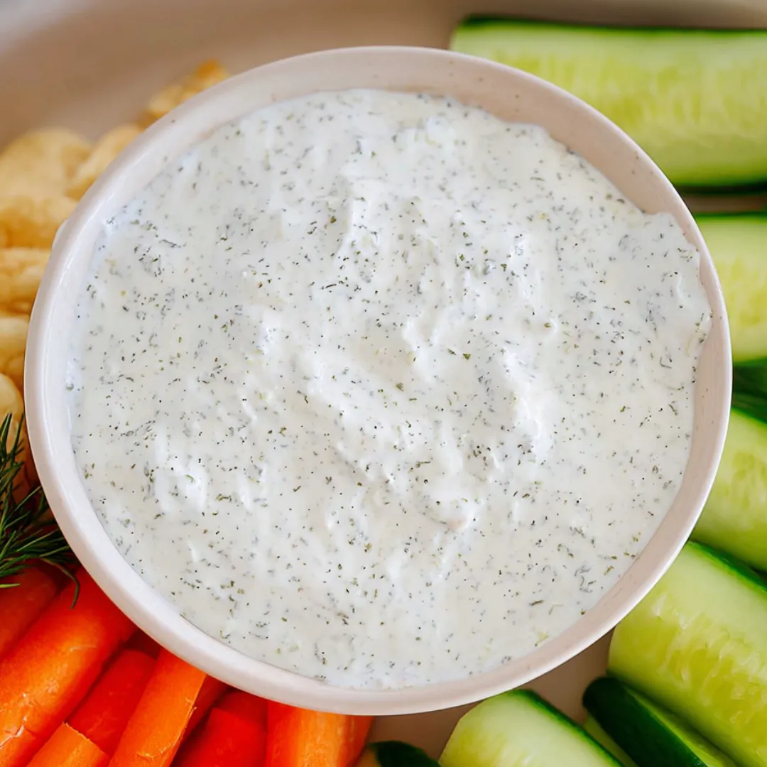 A bowl of white dip with vegetables.