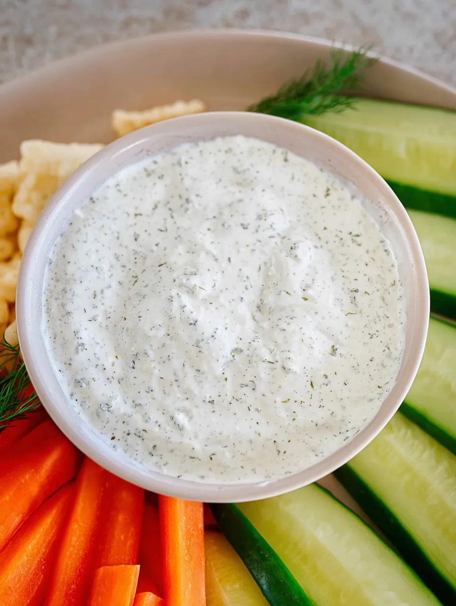 A bowl of dip with vegetables.