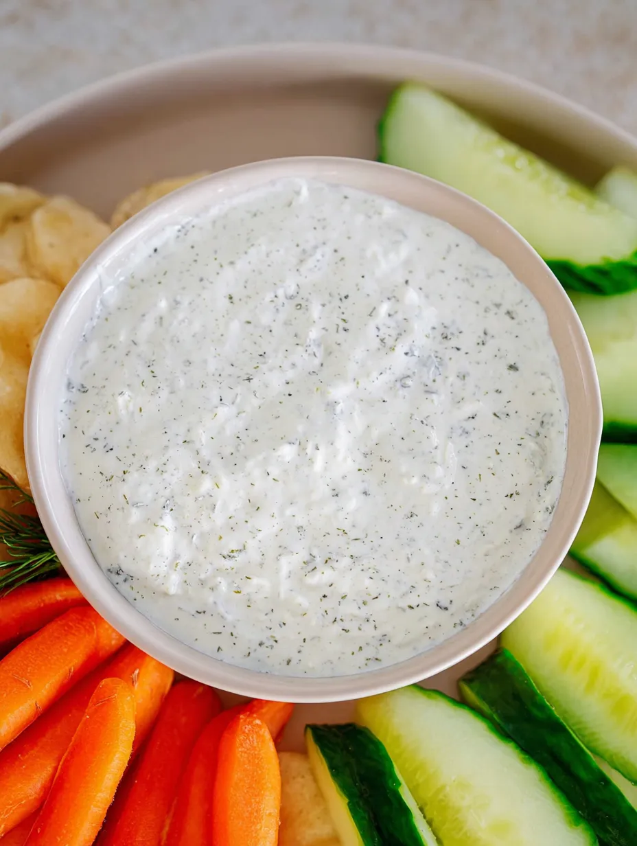 A bowl of dip with carrots and cucumbers.