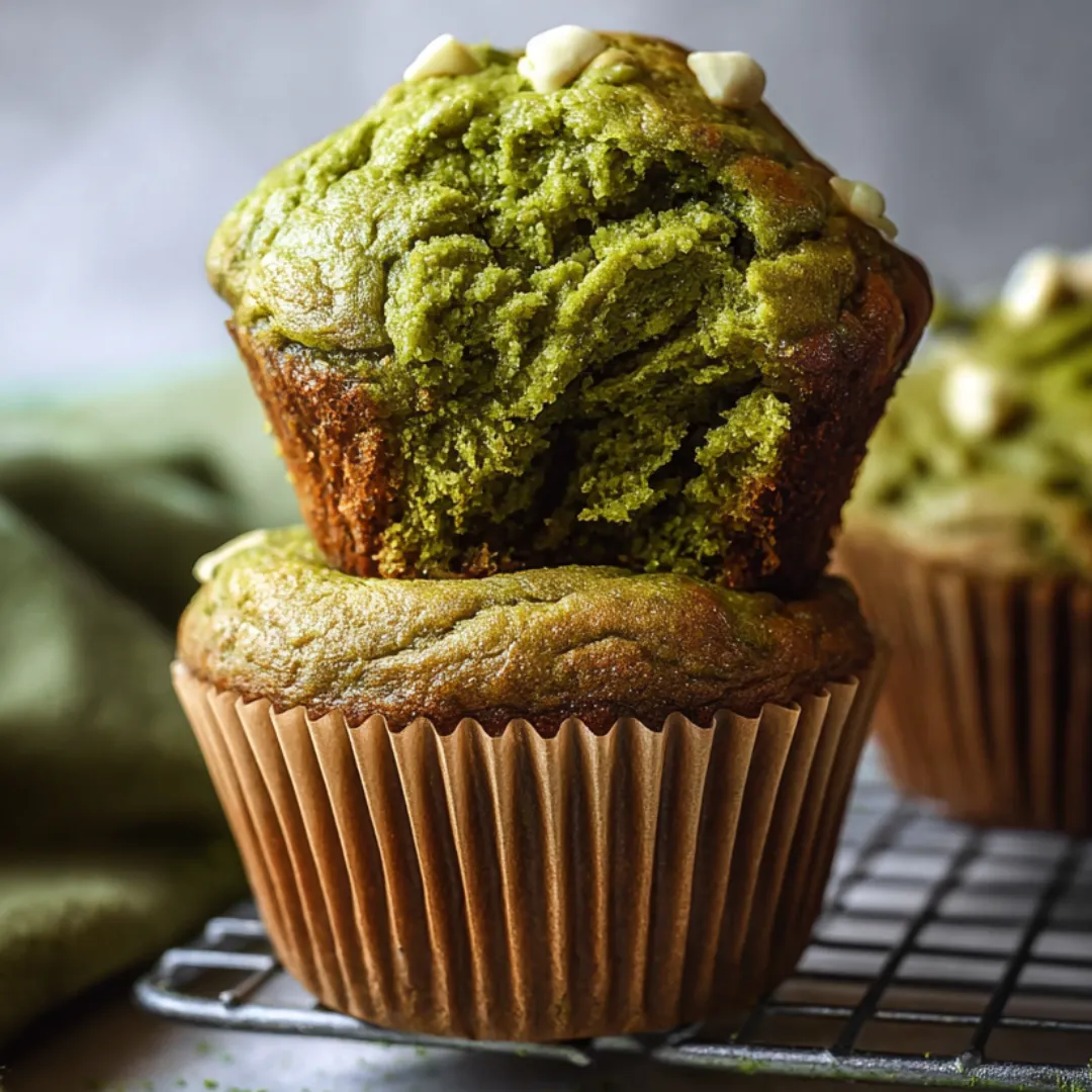 A green muffin with white topping.